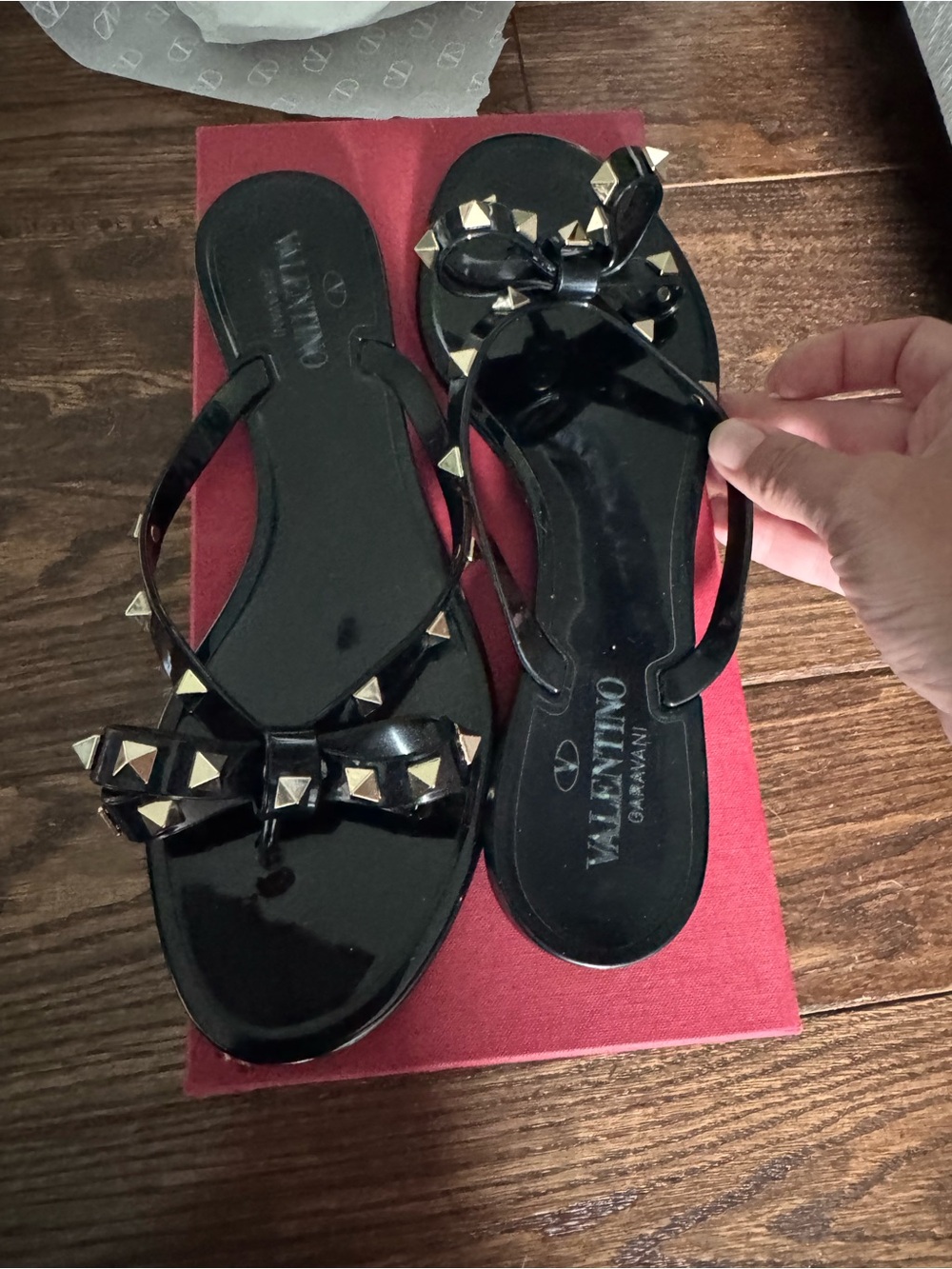 Valentino Black Patent Jelly Bow Sandals with Gold Studs